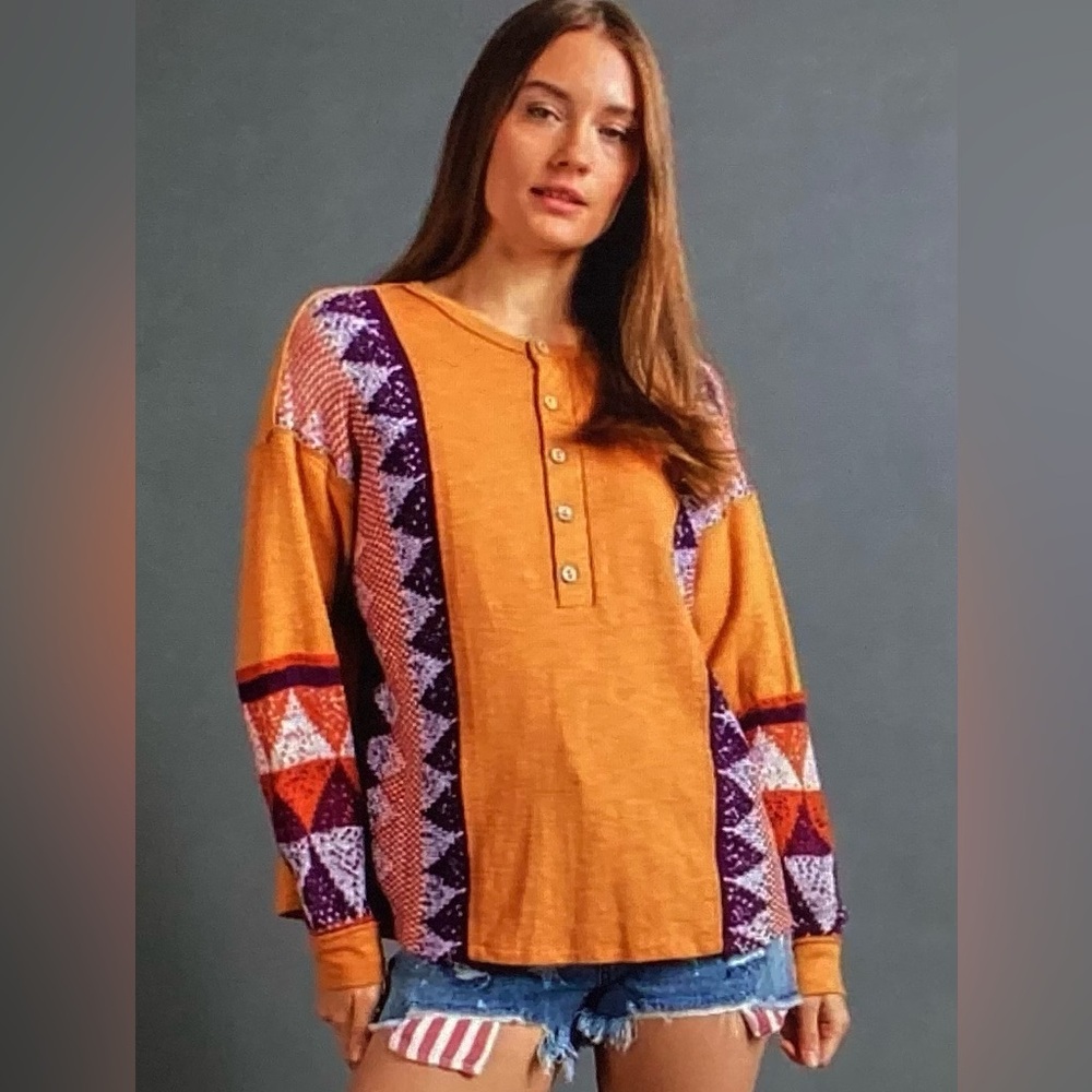 Easel Aztec Print Contrast Fabric Top
